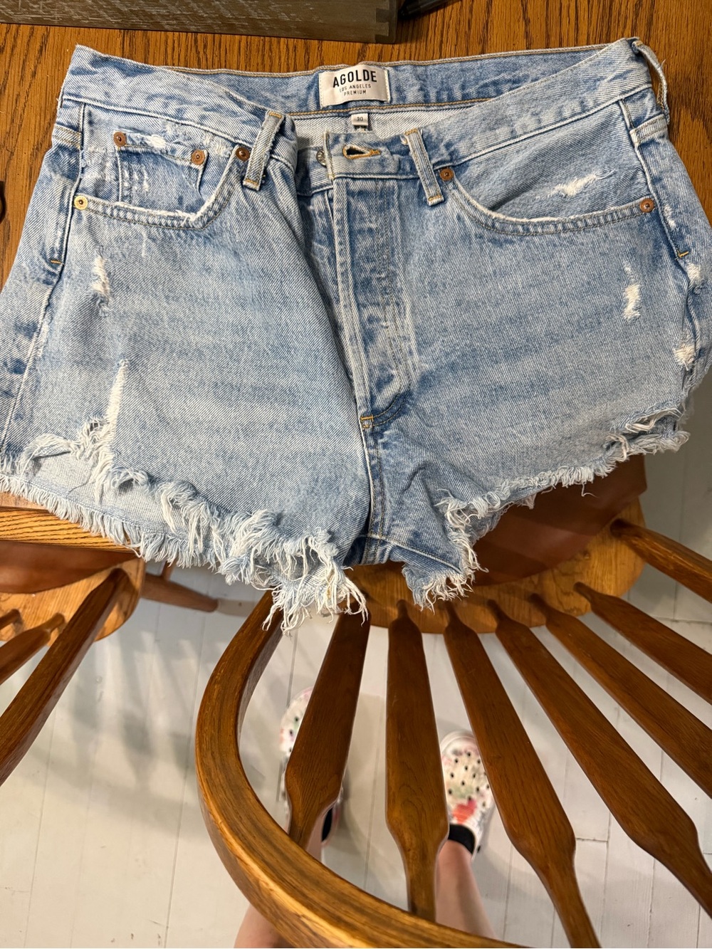 Agolde Light Blue Frayed Hem Jean Shorts